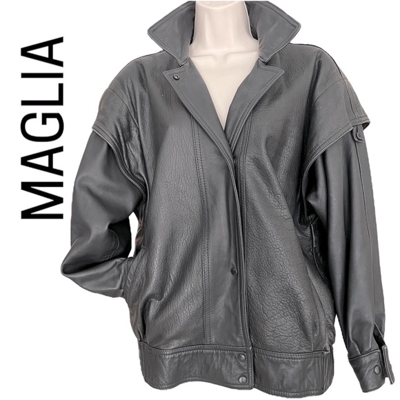 MAGLIA 80s Bomber Jacket Like HAILEY BEIBER'S Leather Black RaglanSleeve Vintage - Picture 1 of 15